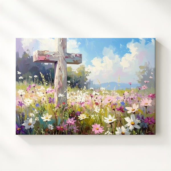 Cross in Wildflower Field Canvas – Springtime Faith & Rebirth Wall Art - Gifitto