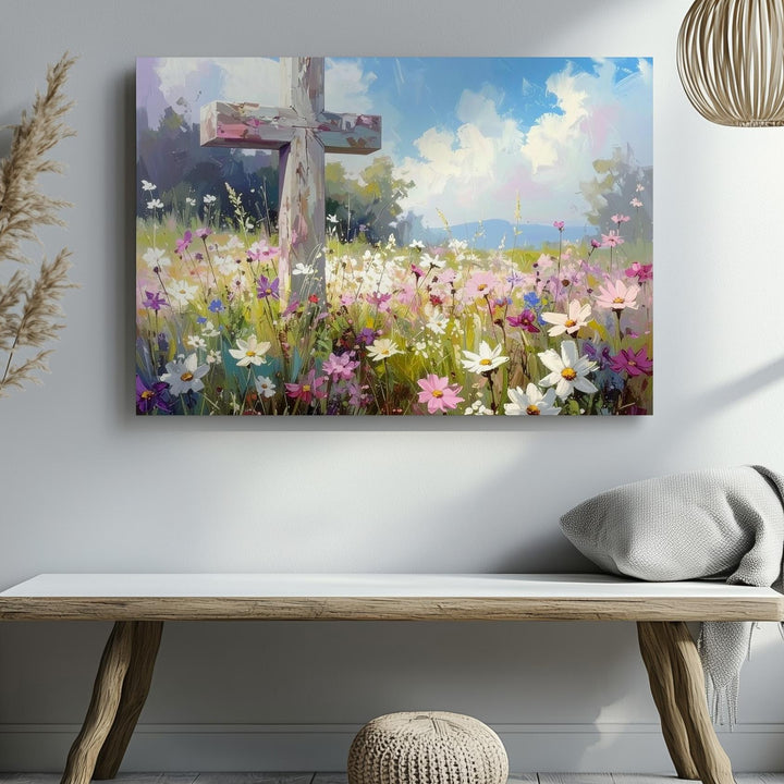 Cross in Wildflower Field Canvas – Springtime Faith & Rebirth Wall Art - Gifitto