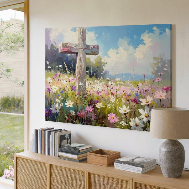 Cross in Wildflower Field Canvas – Springtime Faith & Rebirth Wall Art - Gifitto