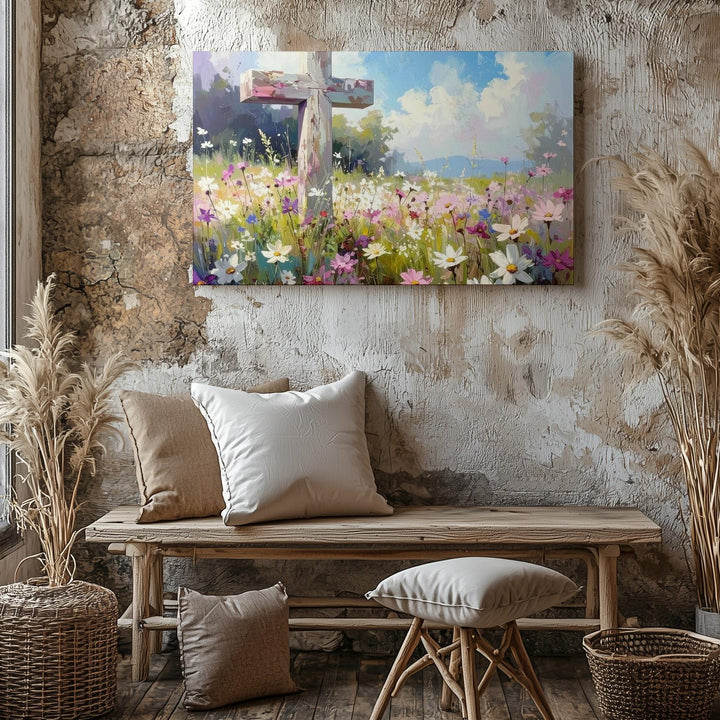 Cross in Wildflower Field Canvas – Springtime Faith & Rebirth Wall Art - Gifitto
