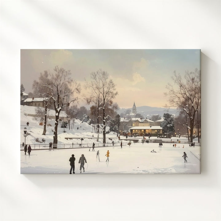 Snowy Town Square Skating Canvas – Vintage Holiday Panorama Art - Gifitto