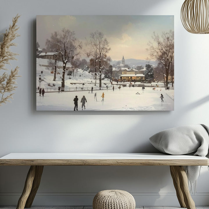 Snowy Town Square Skating Canvas – Vintage Holiday Panorama Art - Gifitto