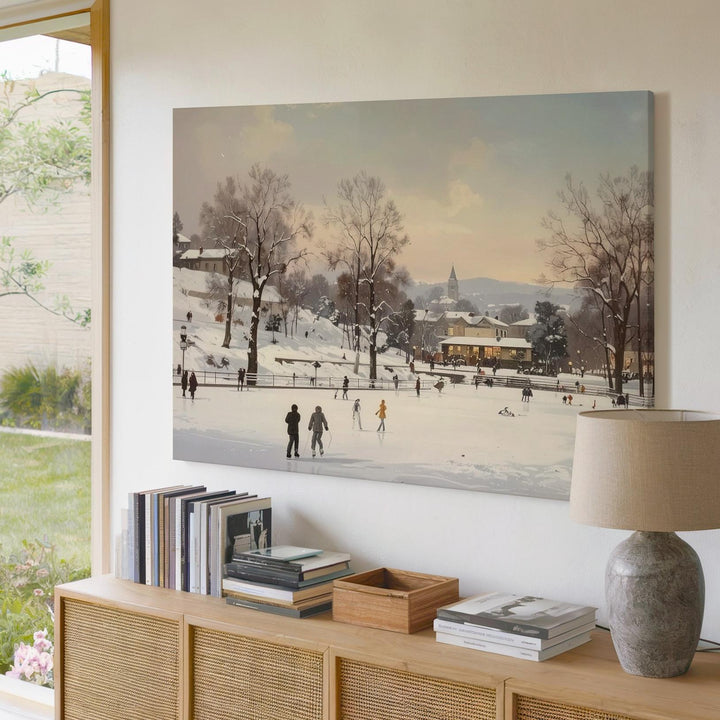Snowy Town Square Skating Canvas – Vintage Holiday Panorama Art - Gifitto