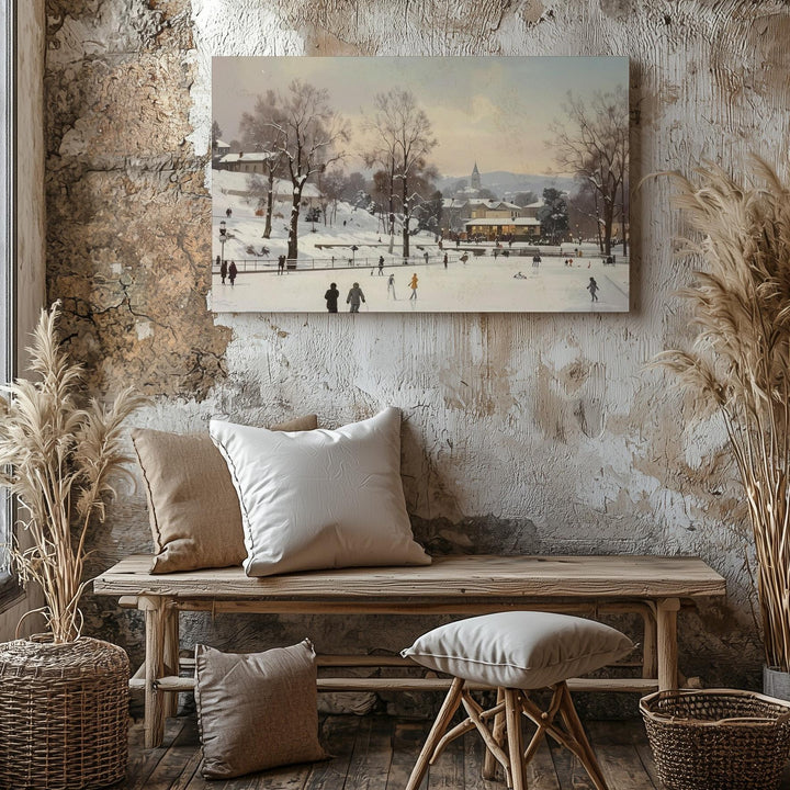 Snowy Town Square Skating Canvas – Vintage Holiday Panorama Art - Gifitto