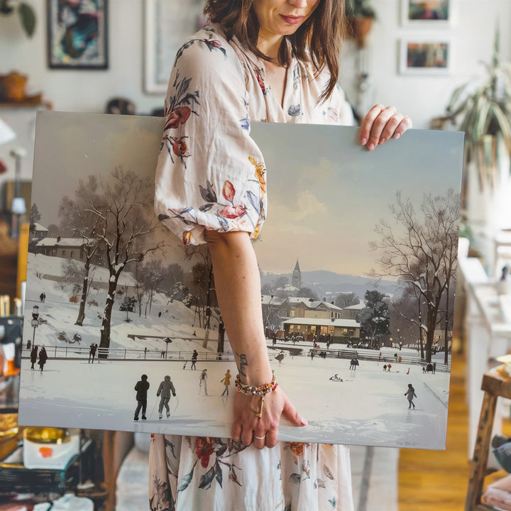Snowy Town Square Skating Canvas – Vintage Holiday Panorama Art - Gifitto