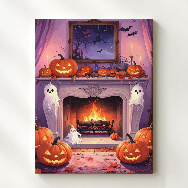 Pastel Halloween Fireplace Canvas – Cute Ghosts, Pumpkins & Cobweb Wall Art - Gifitto