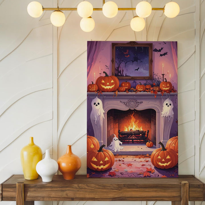 Pastel Halloween Fireplace Canvas – Cute Ghosts, Pumpkins & Cobweb Wall Art - Gifitto