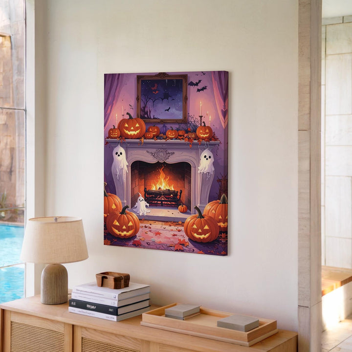 Pastel Halloween Fireplace Canvas – Cute Ghosts, Pumpkins & Cobweb Wall Art - Gifitto