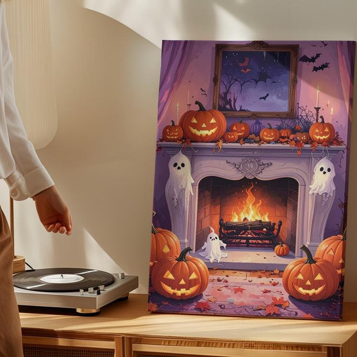 Pastel Halloween Fireplace Canvas – Cute Ghosts, Pumpkins & Cobweb Wall Art - Gifitto