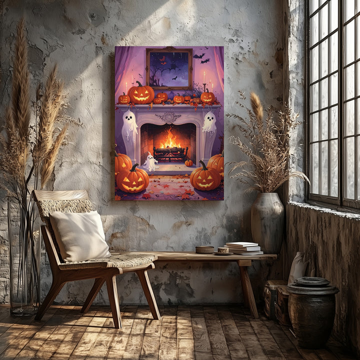 Pastel Halloween Fireplace Canvas – Cute Ghosts, Pumpkins & Cobweb Wall Art - Gifitto