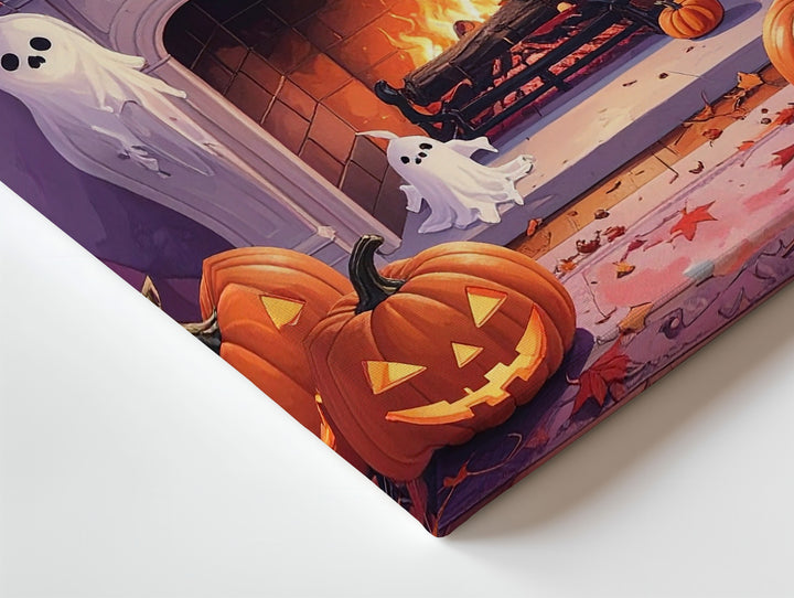 Pastel Halloween Fireplace Canvas – Cute Ghosts, Pumpkins & Cobweb Wall Art - Gifitto