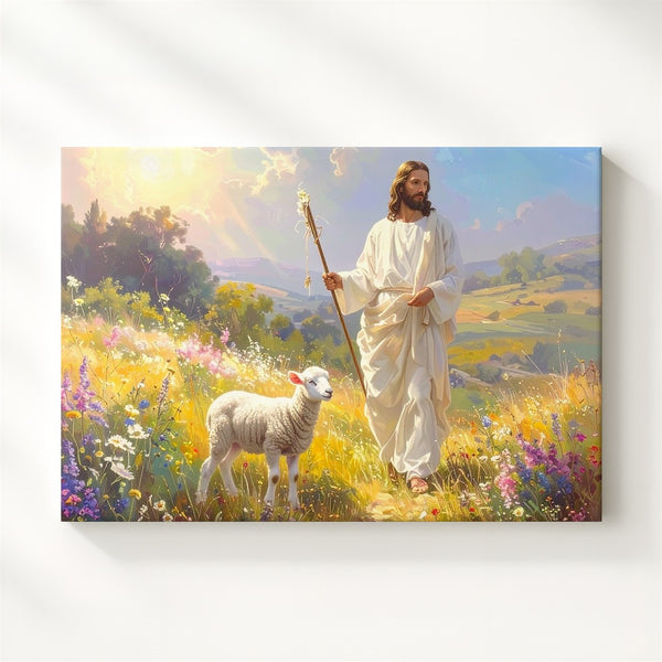 Shepherd’s Light Canvas – Jesus in Glowing Pastoral Field with Lamb - Gifitto