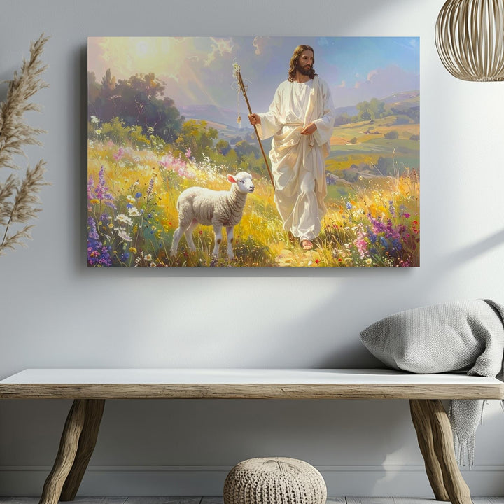 Shepherd’s Light Canvas – Jesus in Glowing Pastoral Field with Lamb - Gifitto