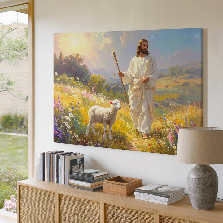 Shepherd’s Light Canvas – Jesus in Glowing Pastoral Field with Lamb - Gifitto