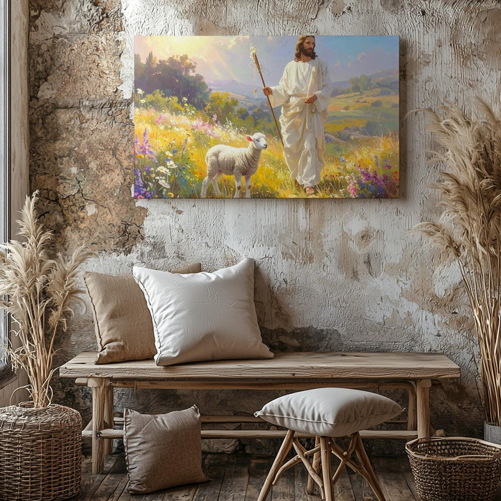 Shepherd’s Light Canvas – Jesus in Glowing Pastoral Field with Lamb - Gifitto