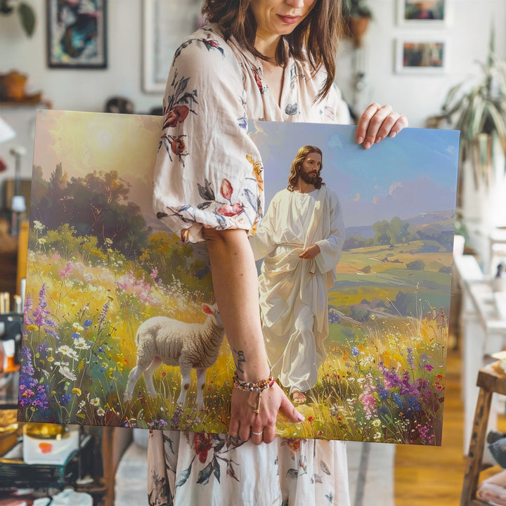 Shepherd’s Light Canvas – Jesus in Glowing Pastoral Field with Lamb - Gifitto