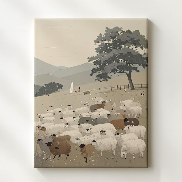 Pastoral Sheep and Shepherd Canvas – Minimalist Spiritual Landscape Wall Art - Gifitto