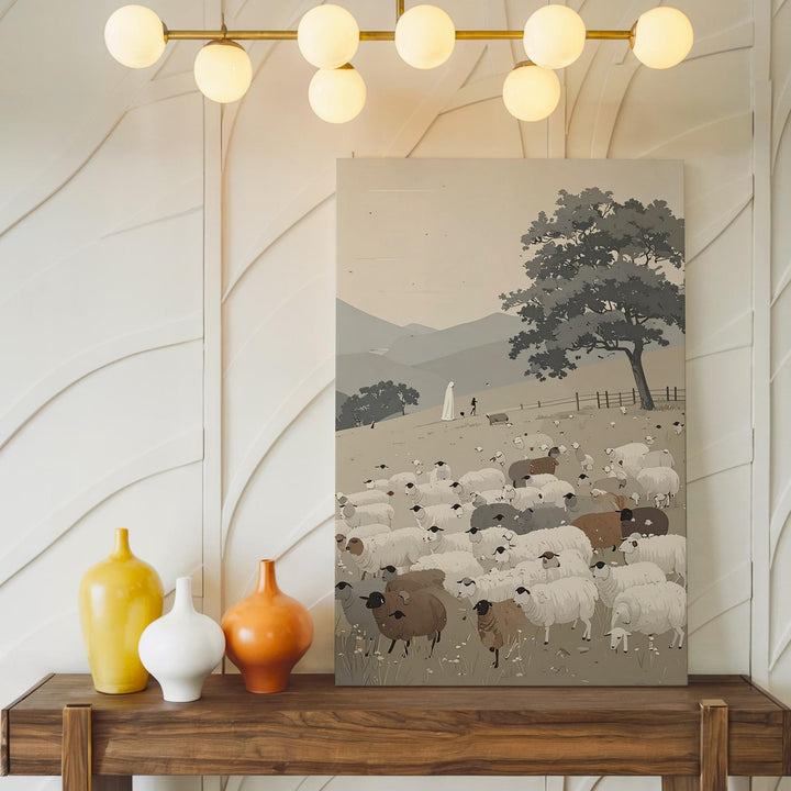 Pastoral Sheep and Shepherd Canvas – Minimalist Spiritual Landscape Wall Art - Gifitto