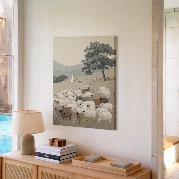 Pastoral Sheep and Shepherd Canvas – Minimalist Spiritual Landscape Wall Art - Gifitto