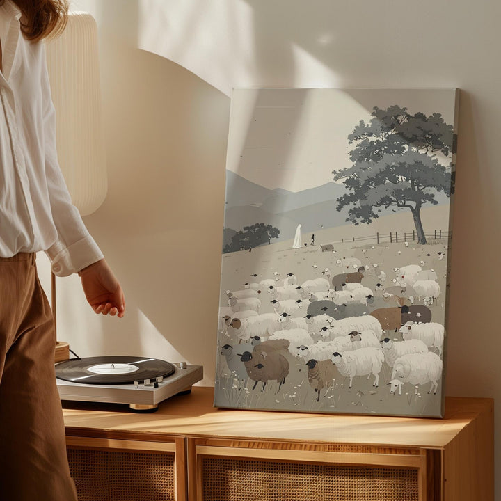 Pastoral Sheep and Shepherd Canvas – Minimalist Spiritual Landscape Wall Art - Gifitto