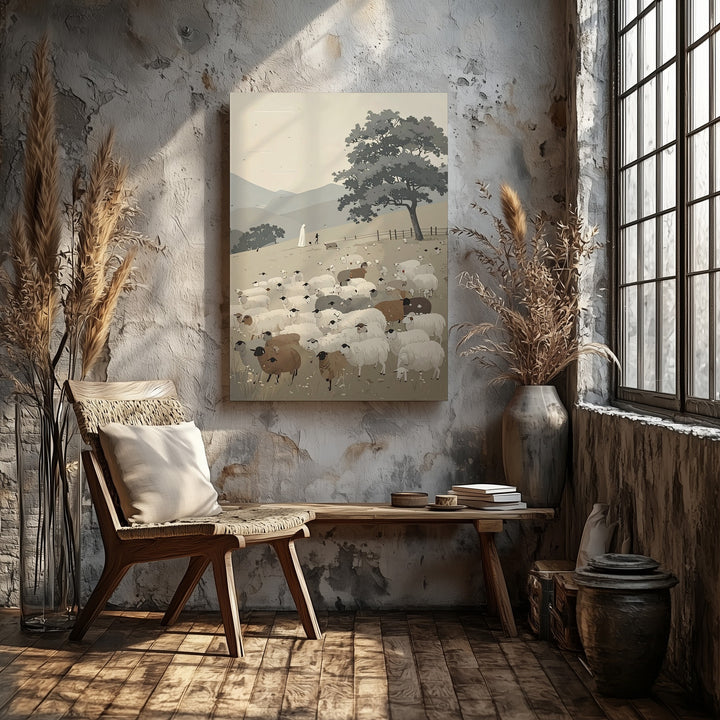 Pastoral Sheep and Shepherd Canvas – Minimalist Spiritual Landscape Wall Art - Gifitto