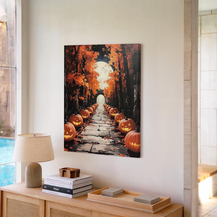 Jack-o’-Lantern Pathway Canvas – Enchanted Autumn Tunnel Wall Art - Gifitto