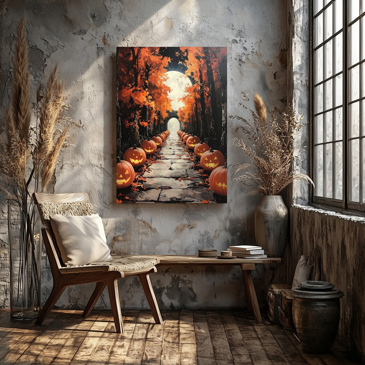 Jack-o’-Lantern Pathway Canvas – Enchanted Autumn Tunnel Wall Art - Gifitto