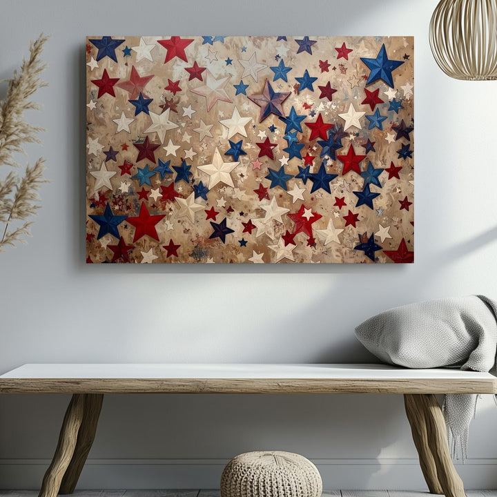 Layered Stars Patriotic Canvas – Red White Blue Cut-Out Confetti Wall Art - Gifitto