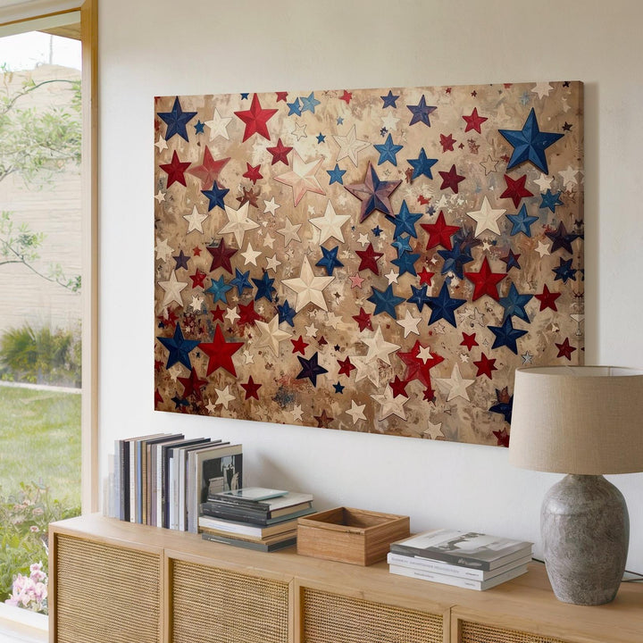 Layered Stars Patriotic Canvas – Red White Blue Cut-Out Confetti Wall Art - Gifitto