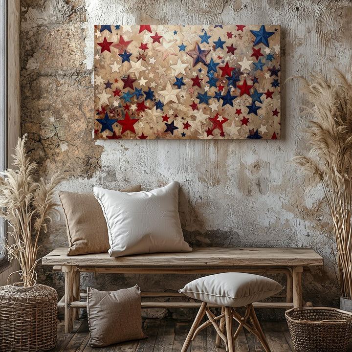 Layered Stars Patriotic Canvas – Red White Blue Cut-Out Confetti Wall Art - Gifitto
