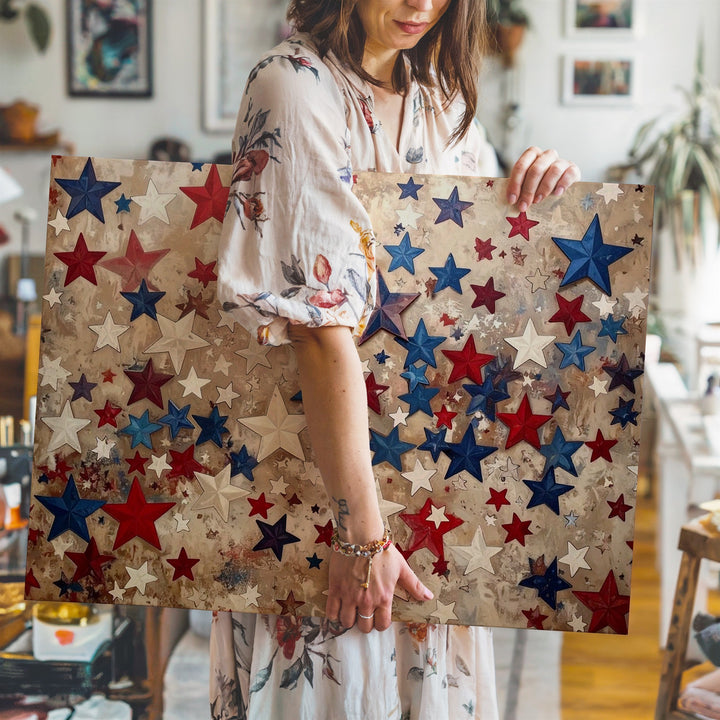 Layered Stars Patriotic Canvas – Red White Blue Cut-Out Confetti Wall Art - Gifitto
