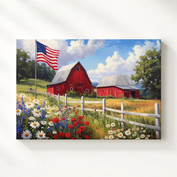 Americana Barn & Flag Canvas – Patriotic Countryside Summer Wall Art - Gifitto