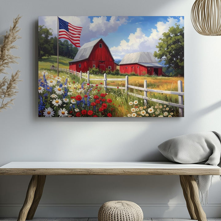 Americana Barn & Flag Canvas – Patriotic Countryside Summer Wall Art - Gifitto
