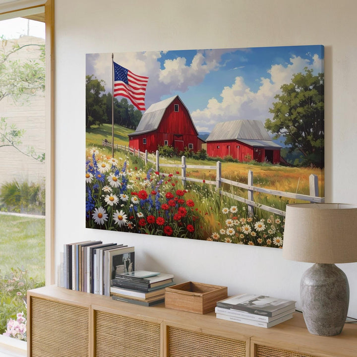 Americana Barn & Flag Canvas – Patriotic Countryside Summer Wall Art - Gifitto