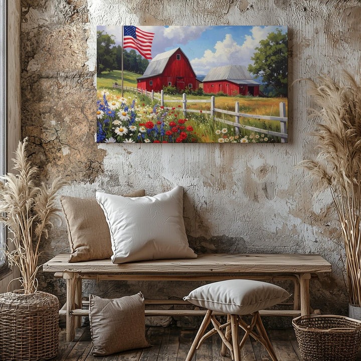 Americana Barn & Flag Canvas – Patriotic Countryside Summer Wall Art - Gifitto