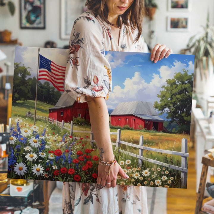 Americana Barn & Flag Canvas – Patriotic Countryside Summer Wall Art - Gifitto