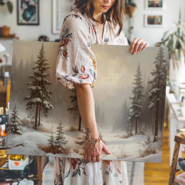 Silent Winter Forest Canvas – Neutral Toned Snowy Landscape Art - Gifitto