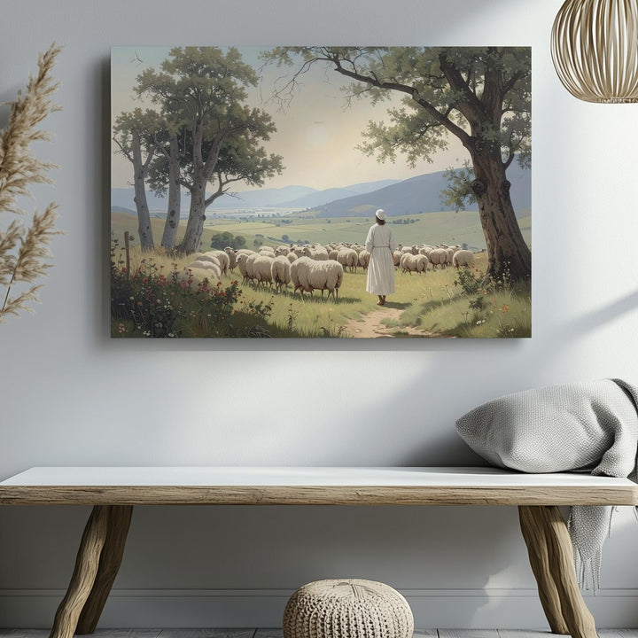 Divine Care Shepherd Canvas – Pastoral Scene with Sheep & Bible Verse - Gifitto