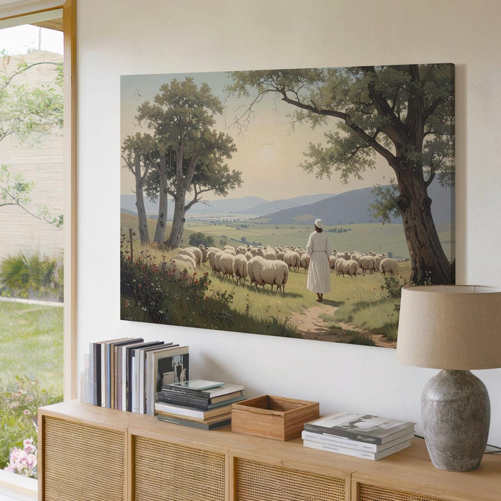 Divine Care Shepherd Canvas – Pastoral Scene with Sheep & Bible Verse - Gifitto
