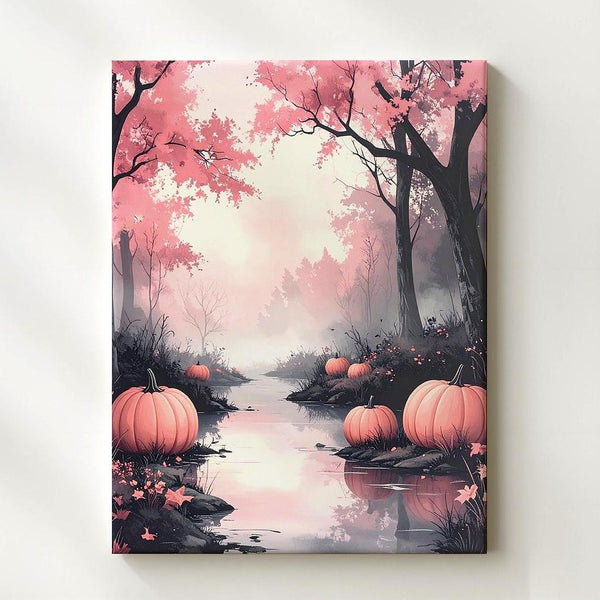 Serene Pink Fog Woodland Canvas – Autumn Path & Halloween Pumpkins Art - Gifitto