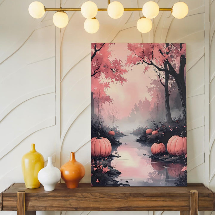 Serene Pink Fog Woodland Canvas – Autumn Path & Halloween Pumpkins Art - Gifitto