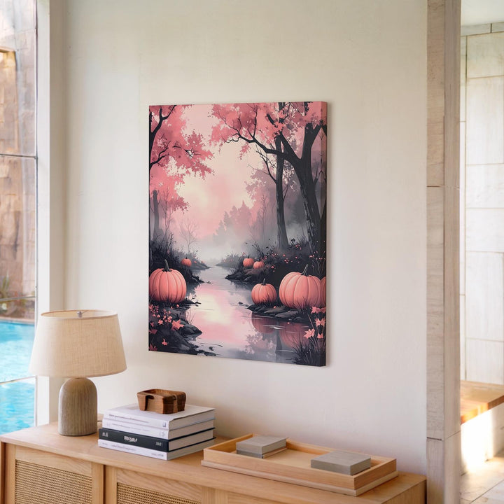 Serene Pink Fog Woodland Canvas – Autumn Path & Halloween Pumpkins Art - Gifitto