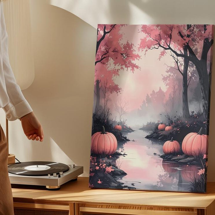 Serene Pink Fog Woodland Canvas – Autumn Path & Halloween Pumpkins Art - Gifitto