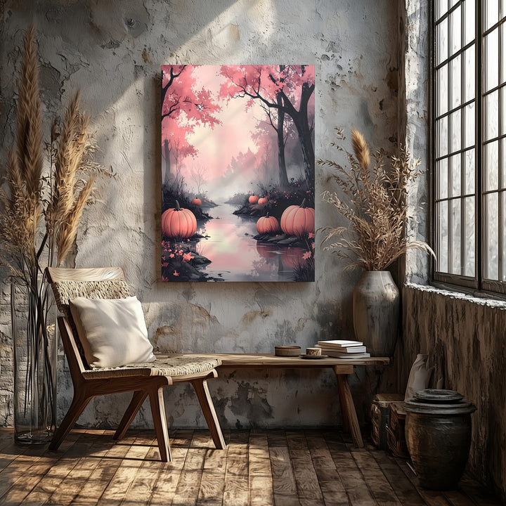 Serene Pink Fog Woodland Canvas – Autumn Path & Halloween Pumpkins Art - Gifitto