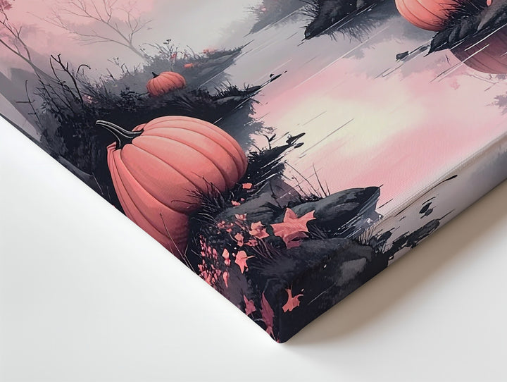 Serene Pink Fog Woodland Canvas – Autumn Path & Halloween Pumpkins Art - Gifitto