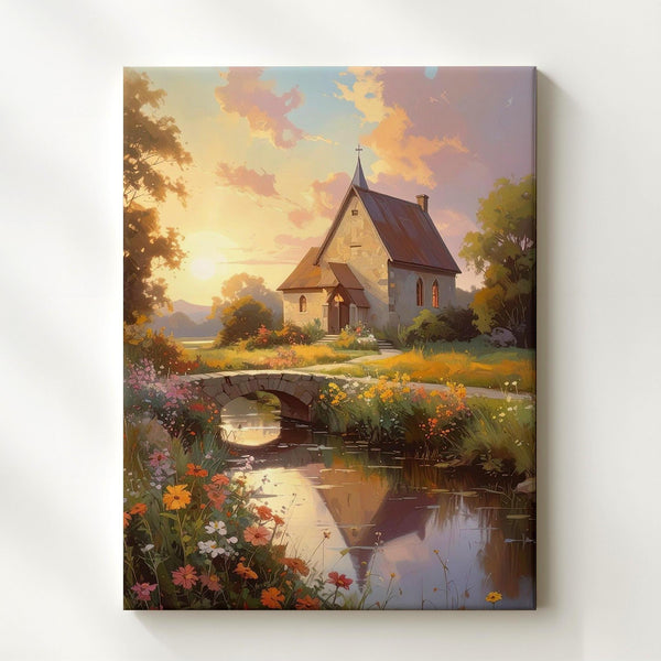 Sunset Chapel Canvas Wall Art – Impressionist Country Church with Flowers & Stream - Gifitto