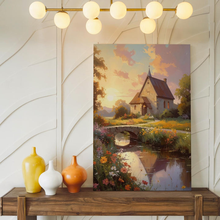 Sunset Chapel Canvas Wall Art – Impressionist Country Church with Flowers & Stream - Gifitto