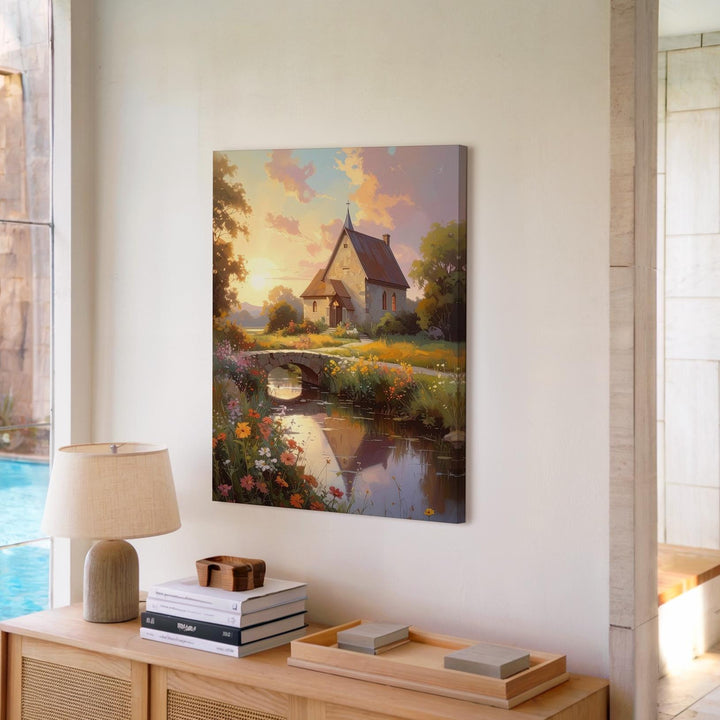 Sunset Chapel Canvas Wall Art – Impressionist Country Church with Flowers & Stream - Gifitto