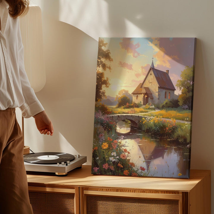 Sunset Chapel Canvas Wall Art – Impressionist Country Church with Flowers & Stream - Gifitto