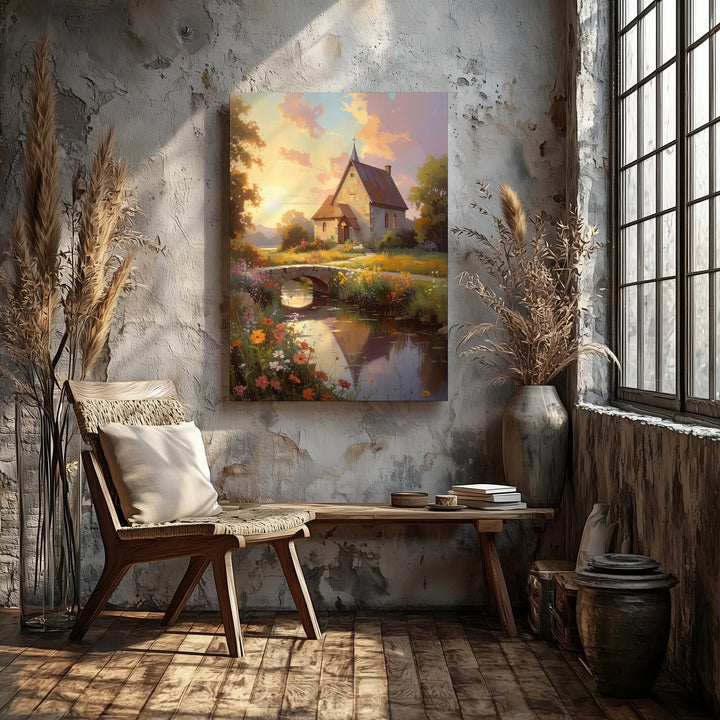 Sunset Chapel Canvas Wall Art – Impressionist Country Church with Flowers & Stream - Gifitto